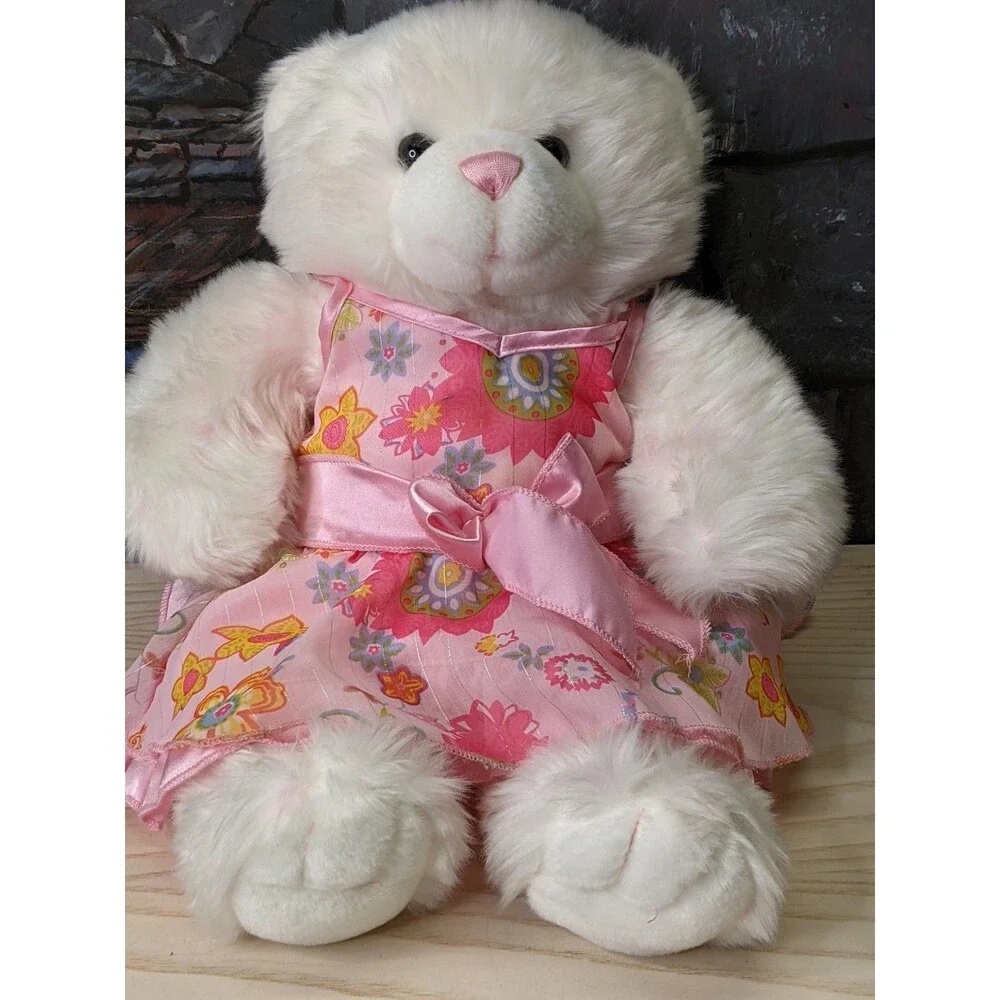 Vintage 1997 Build A Bear Plush White Teddy Bear Pink Nose Flower Dress Gift 15